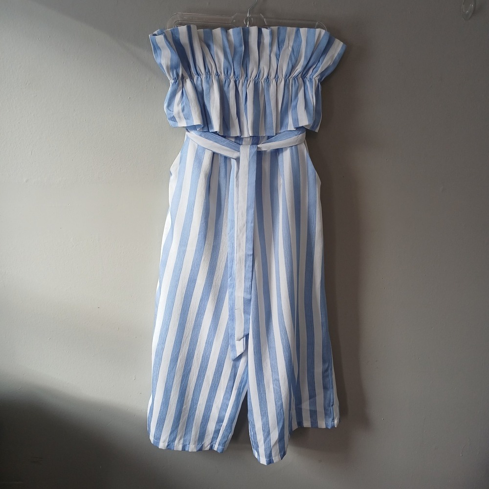 Entro Women's Size Medium Sleeveless Wide Leg Jumpsuit Ruffle Top Striped Belted